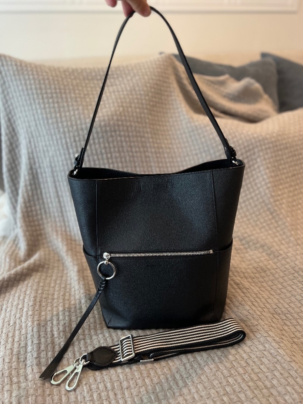 Rebecca Minkoff Black Leather Shoulder Bag with Striped Strap
